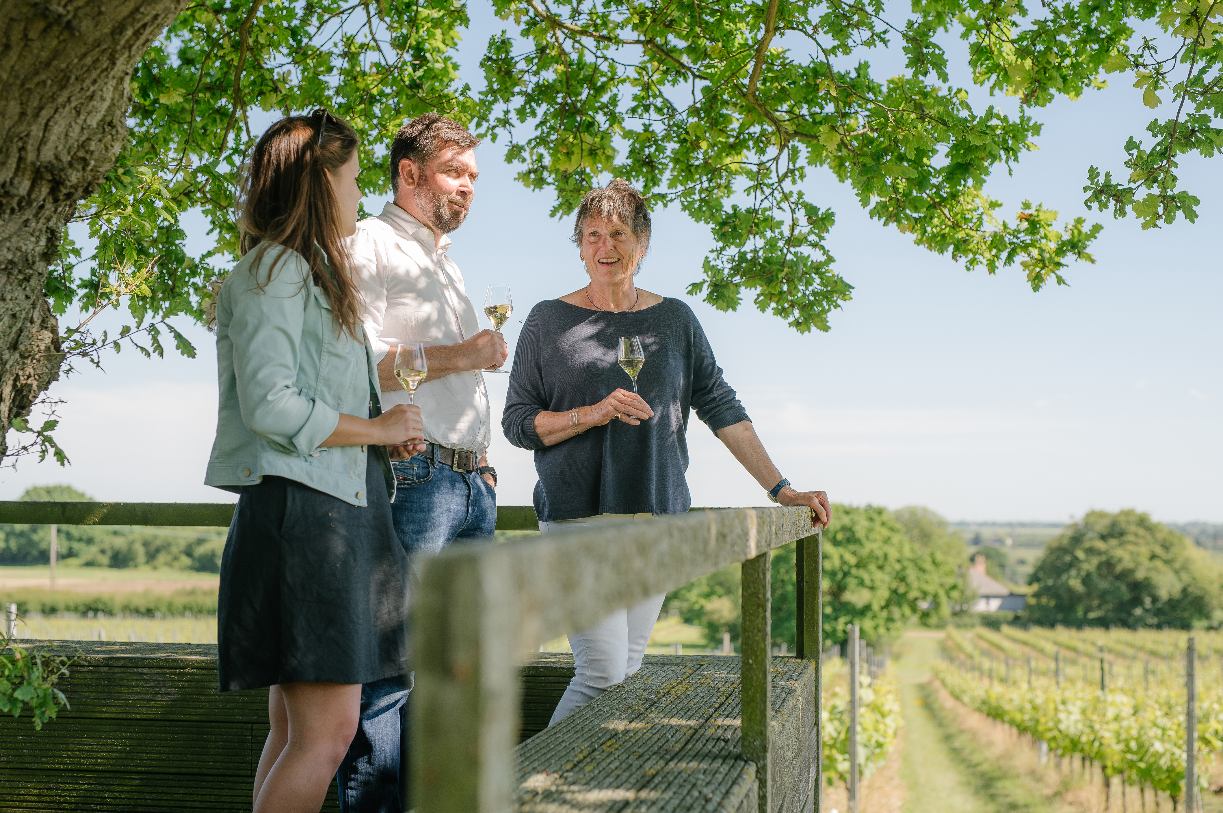 people drinking wine in vineyard