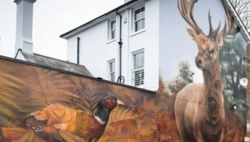 A mural of a stag alongside a pheasant