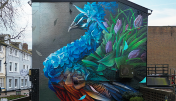 A blue Peacock mural